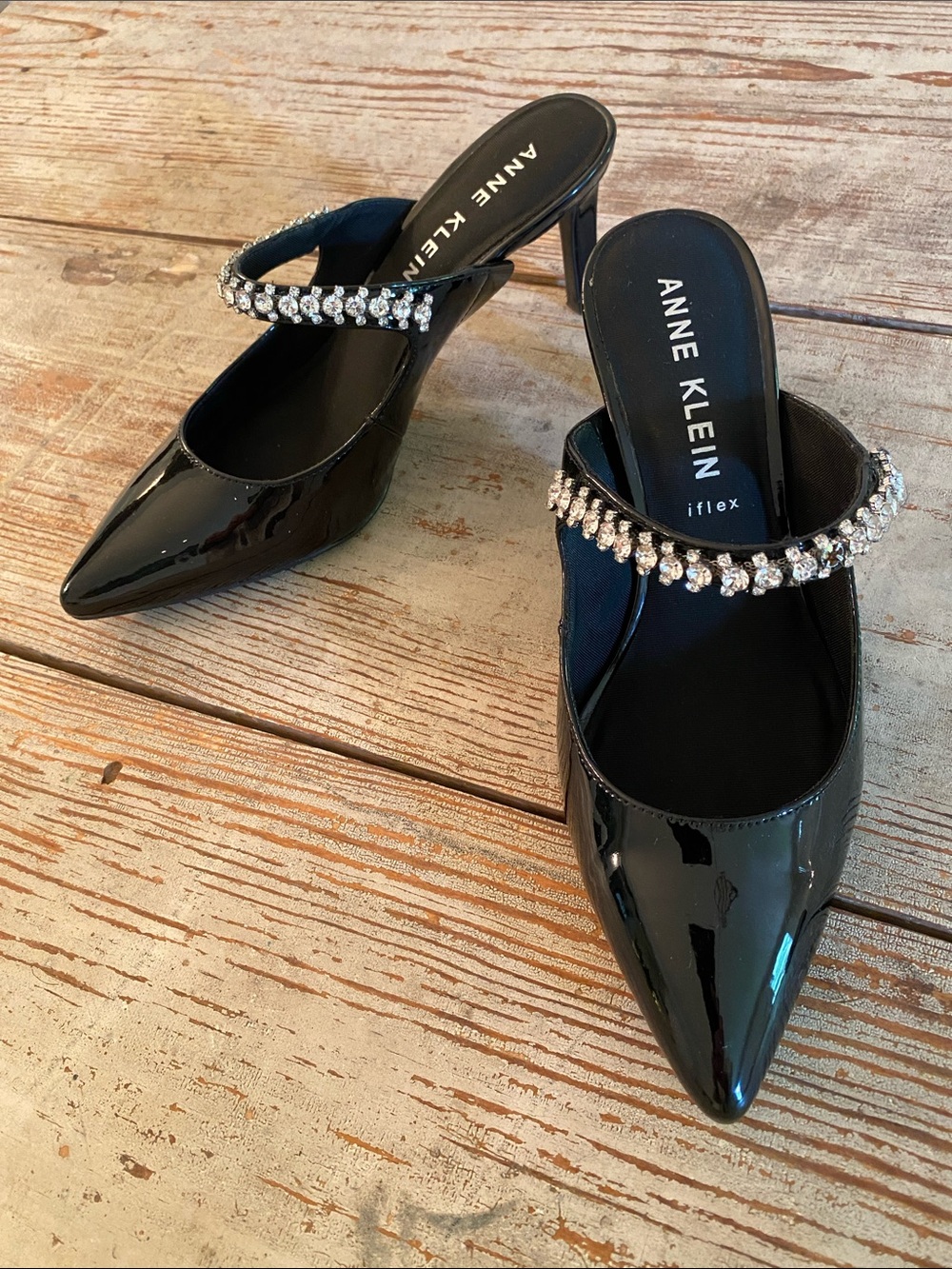 Anne Klein Black Patent Pointed-Toe Mules with Crystal Strap